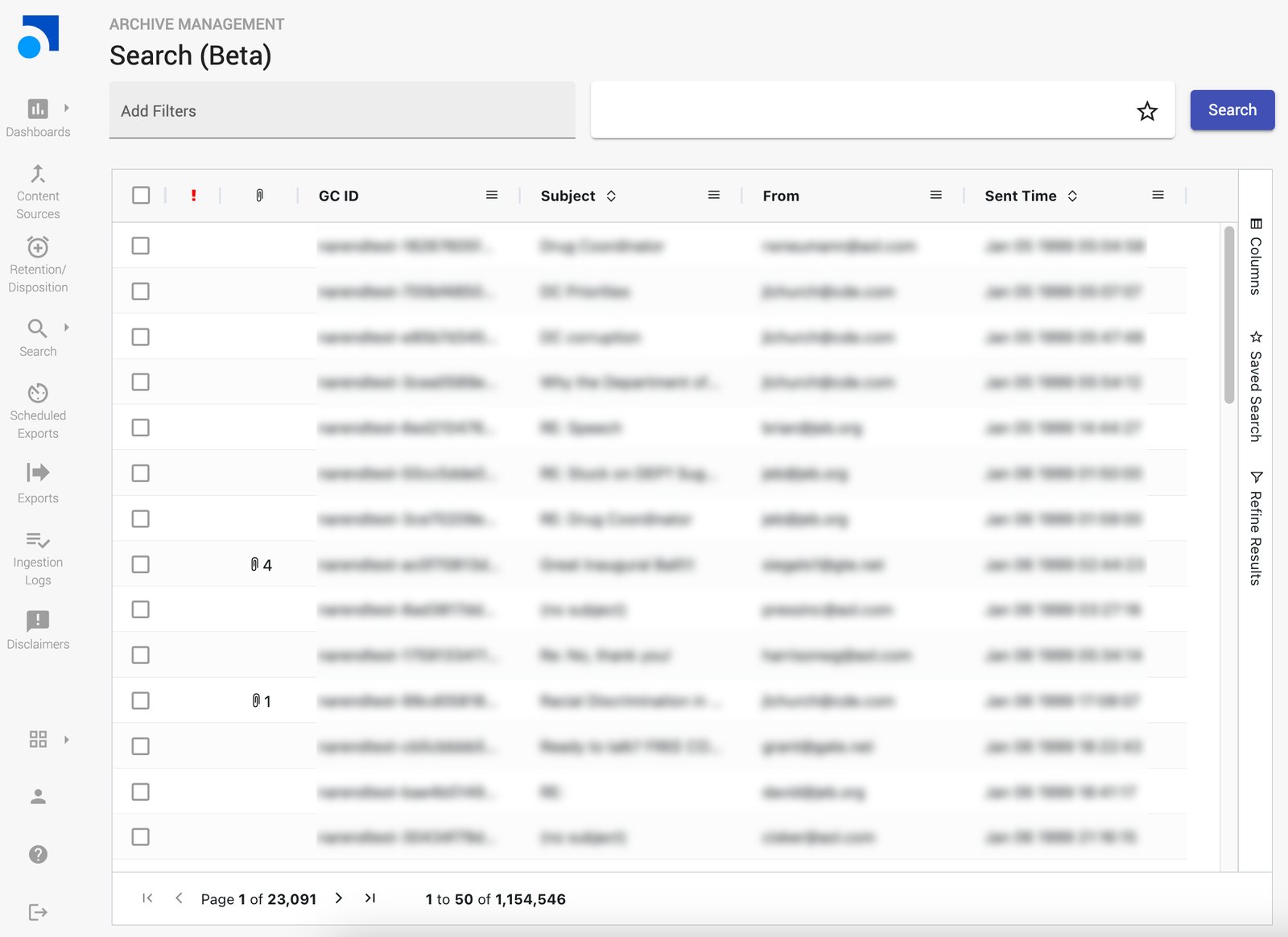 Search Beta: one query box, an Add Filters input, and a results table with columns, saved search and refine panels in a side rail