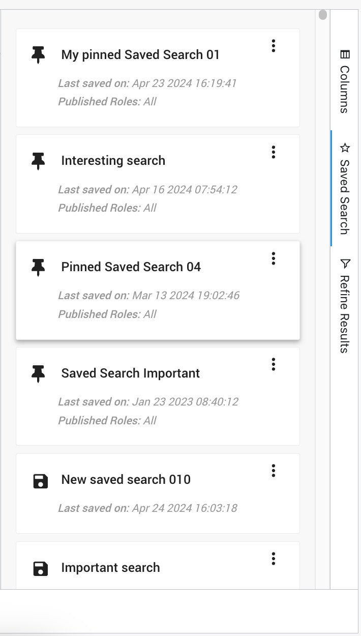 Saved searches panel with pinned and unpinned searches