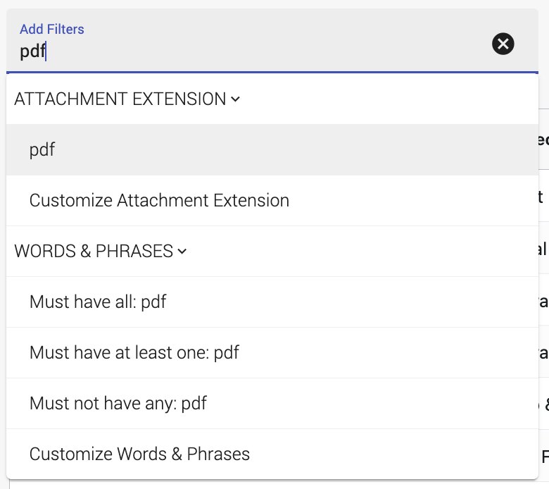 Typing pdf offers an attachment extension filter and three words and phrases options rather than applying anything