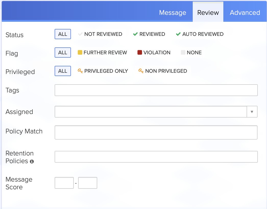 Previous review tab with status, flag and privilege filters