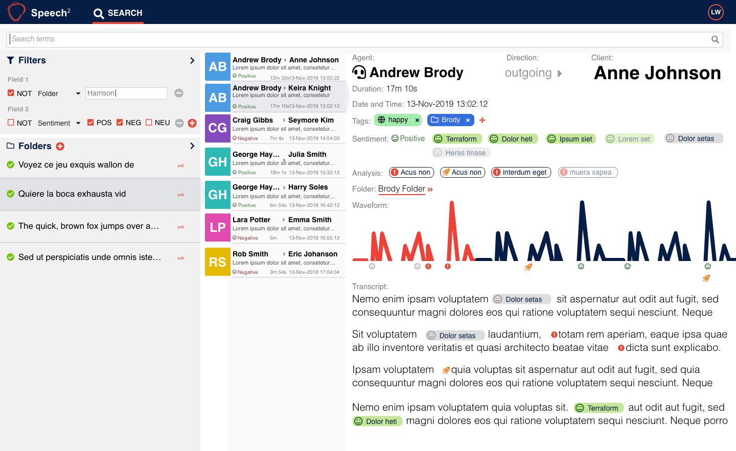 Speech analytics call search with transcript, sentiment and waveform