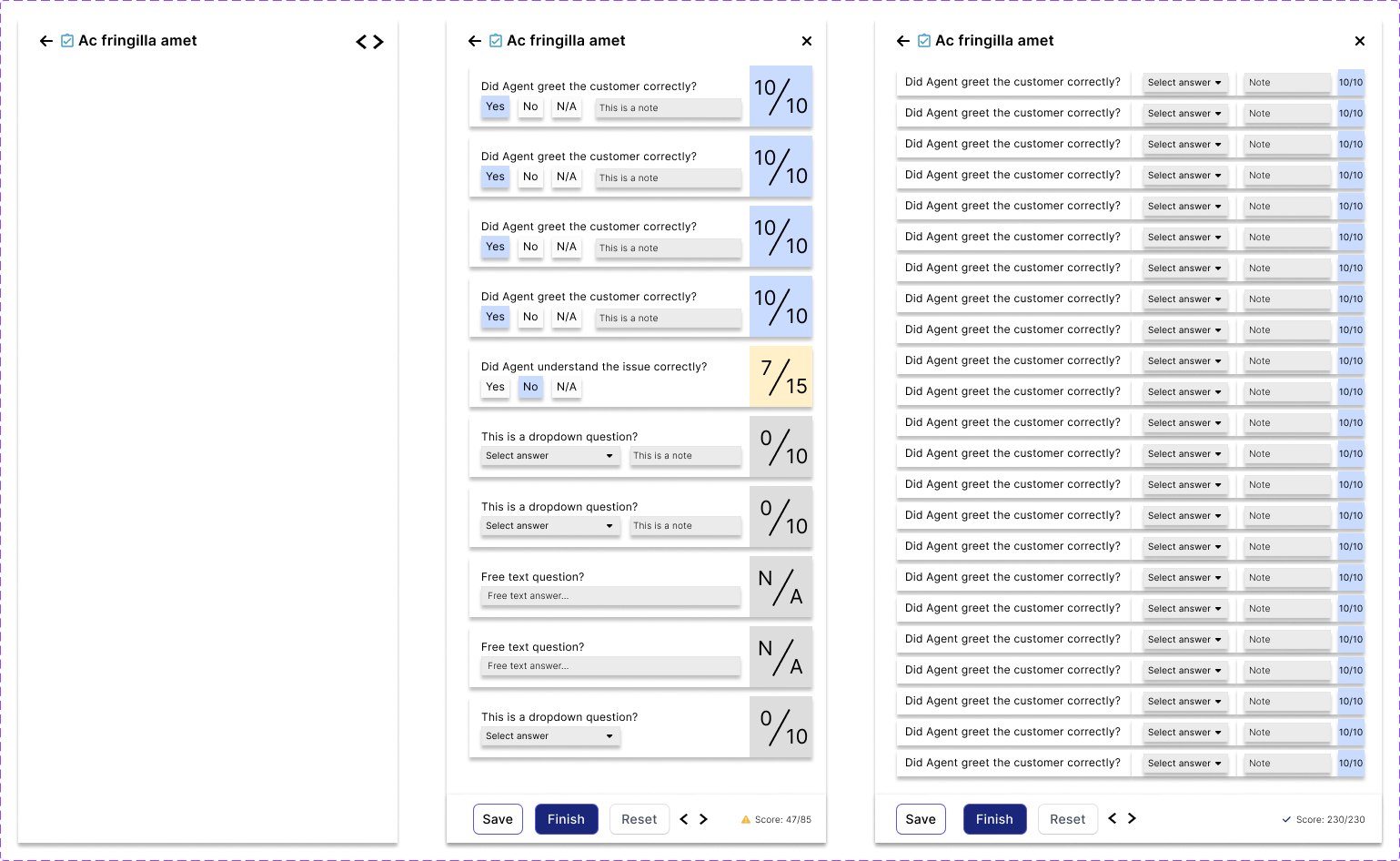 Evaluation form component in list, form and table variants