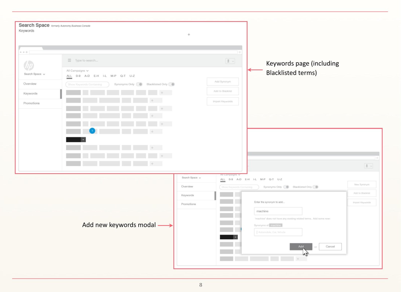 Low fidelity wireframes with handwritten annotations