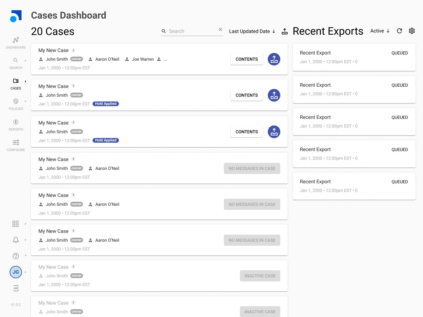Cases dashboard with legal hold and export states