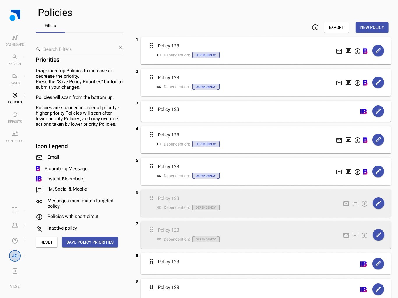 Policy list with priority ordering and icon legend