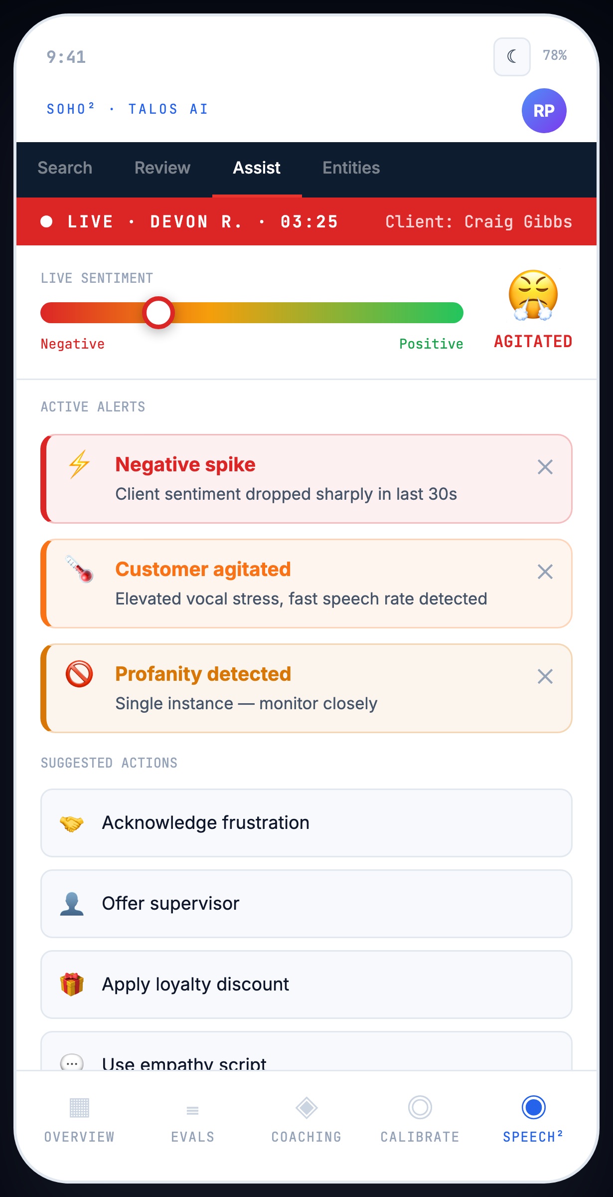 Mobile live agent assist with sentiment meter, active alerts and suggested actions