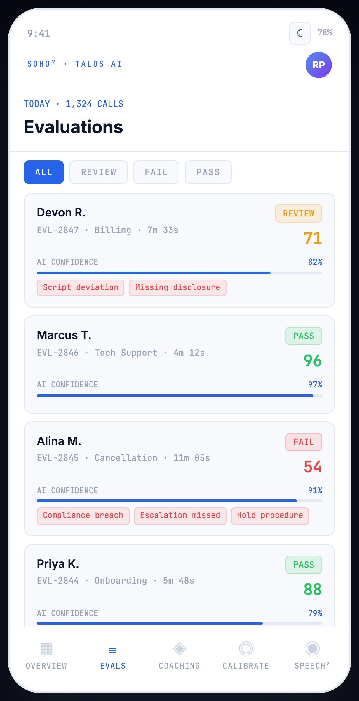 Mobile evaluations list, each with score, status, AI confidence bar and named findings