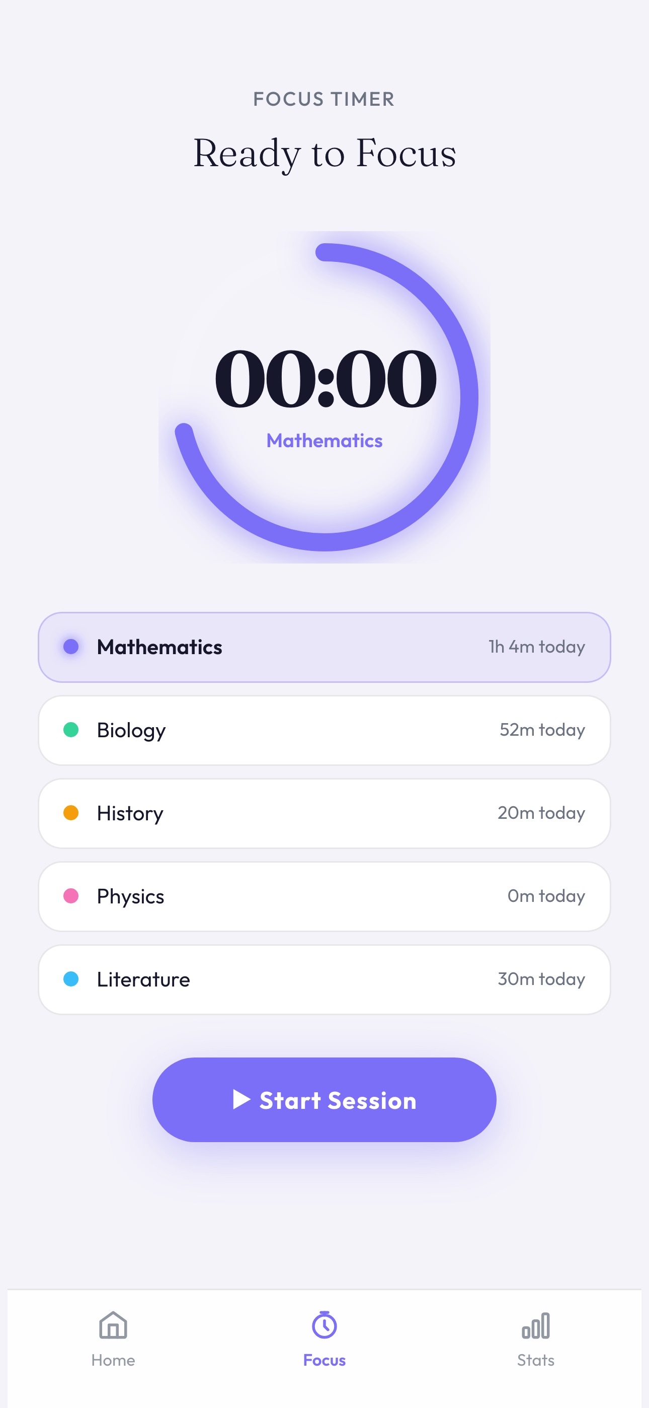 Focus timer with subject selection before a session starts