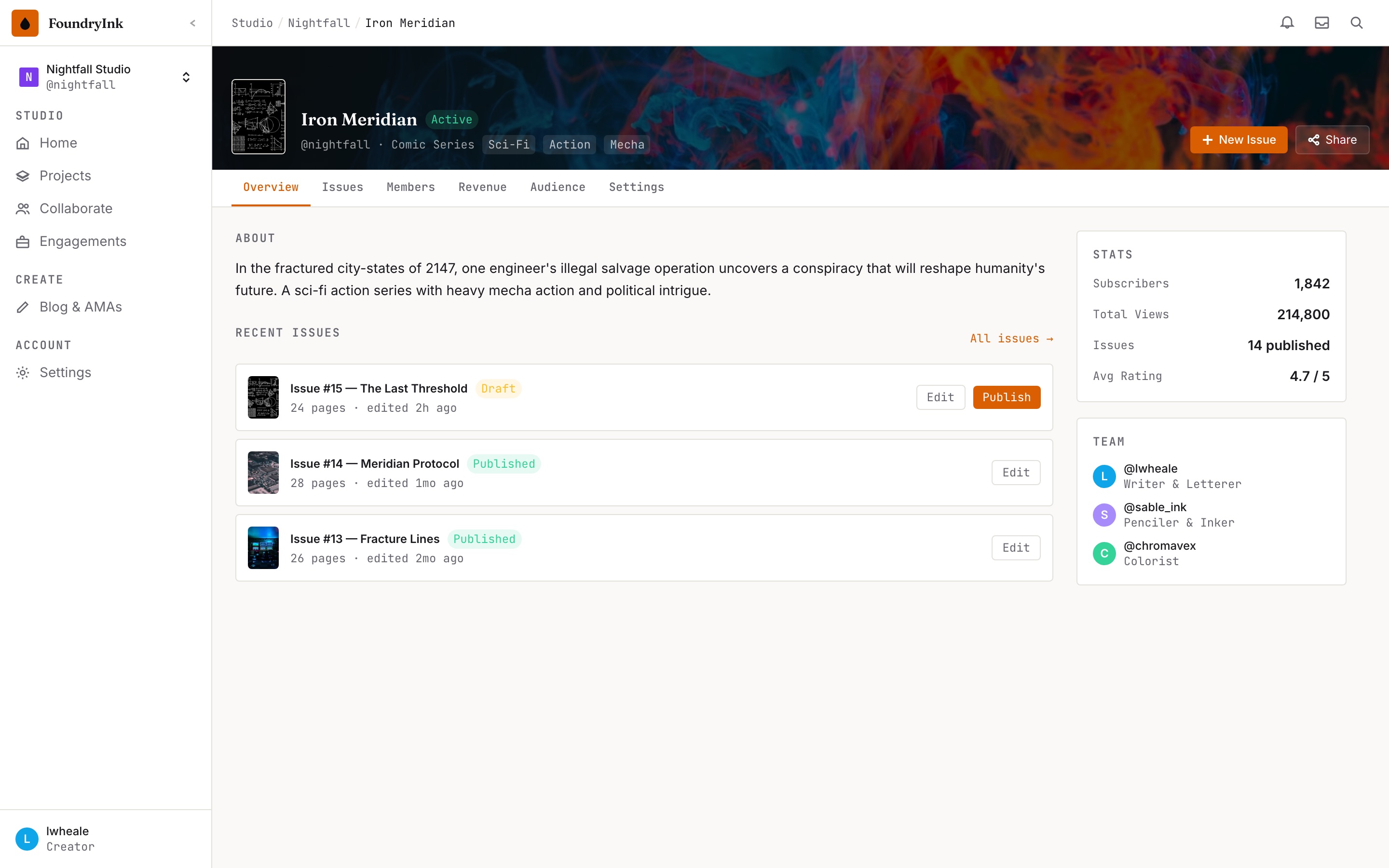 FoundryInk project page with issue list, publish state, stats and named collaborators